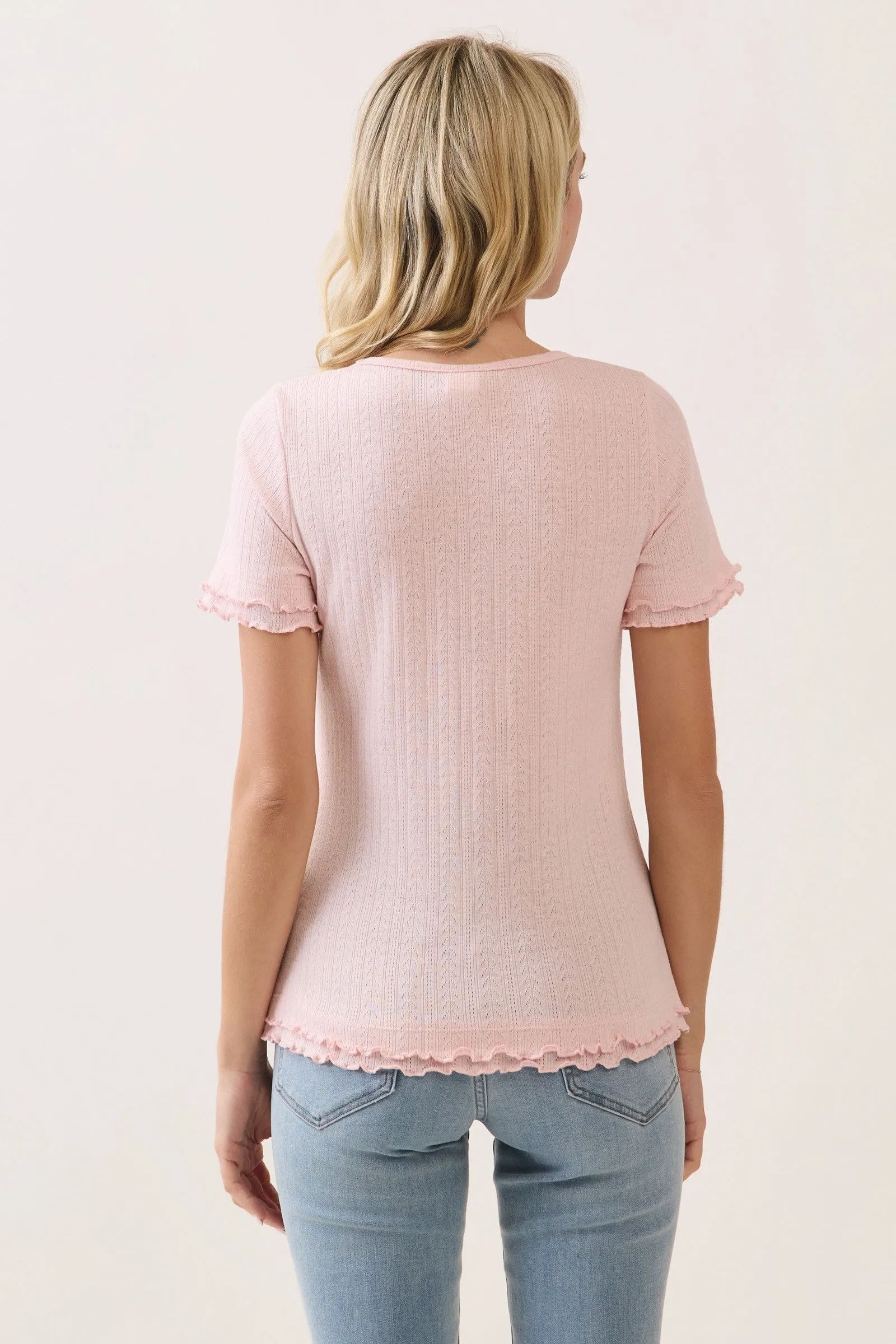 Light Pink Ruffle Trim Pointelle Knit Henley Top sold by Pinkblush product image thumbnail 3