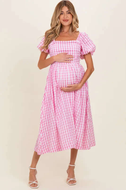 Pink Gingham Puff Sleeve Maternity Midi Dress made by So Me