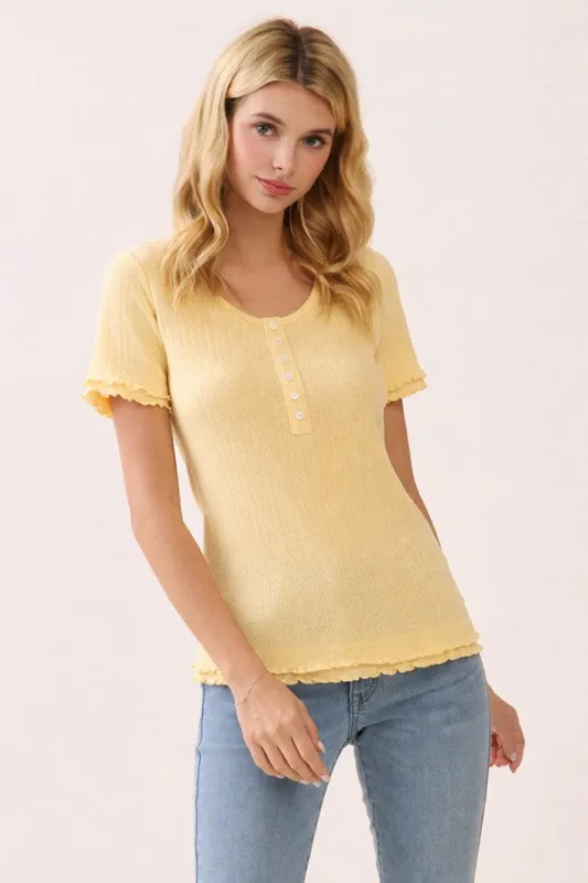 Banana Ruffle Trim Pointelle Knit Henley Top made by Pinkblush