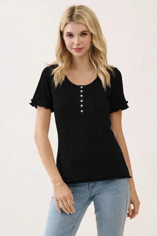Black Ruffle Trim Pointelle Knit Henley Top made by Pinkblush
