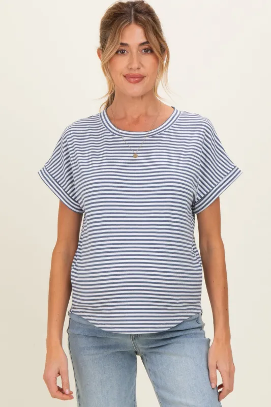 Denim Blue Striped Short Sleeve Maternity Top made by Staccato