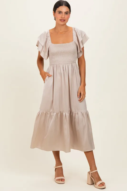 Champagne Satin Flutter Sleeve Midi Dress made by Pinkblush