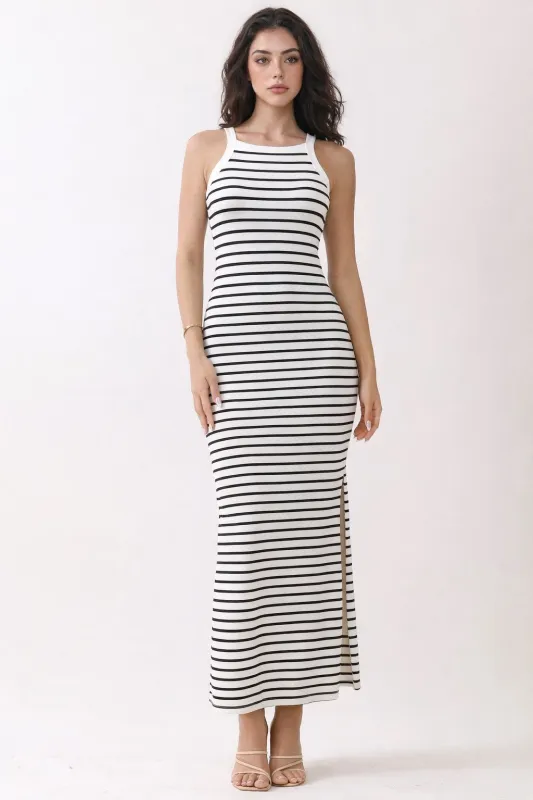 White Striped High Neck Ribbed Maxi Dress made by Pinkblush