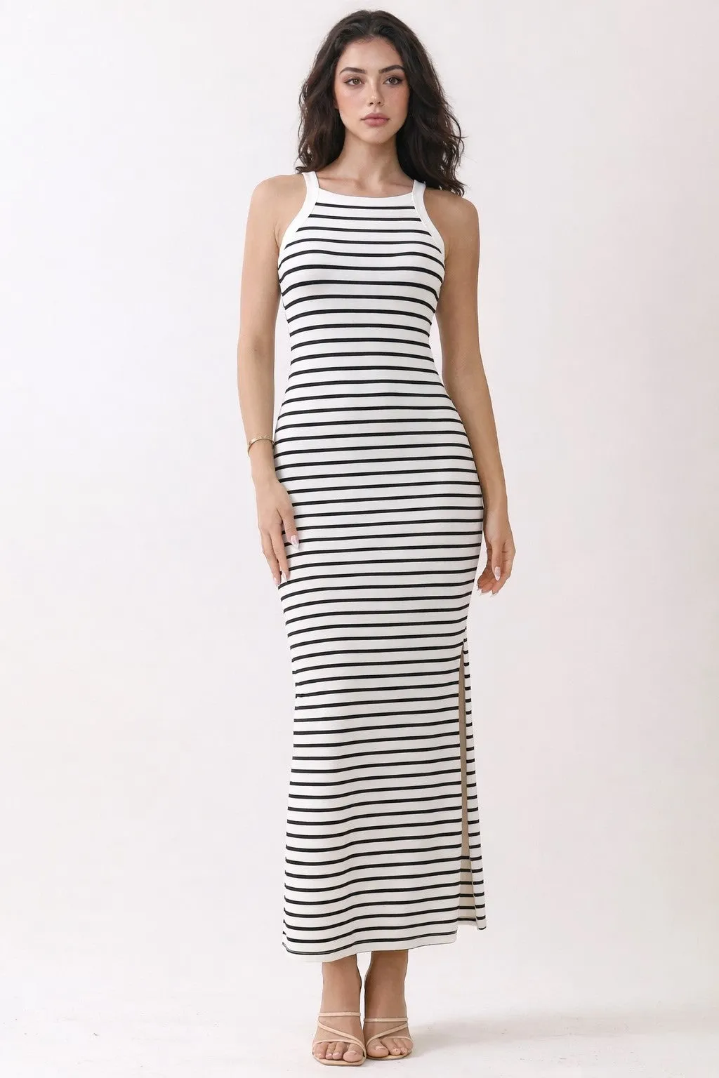 White Striped High Neck Ribbed Maxi Dress sold by Pinkblush