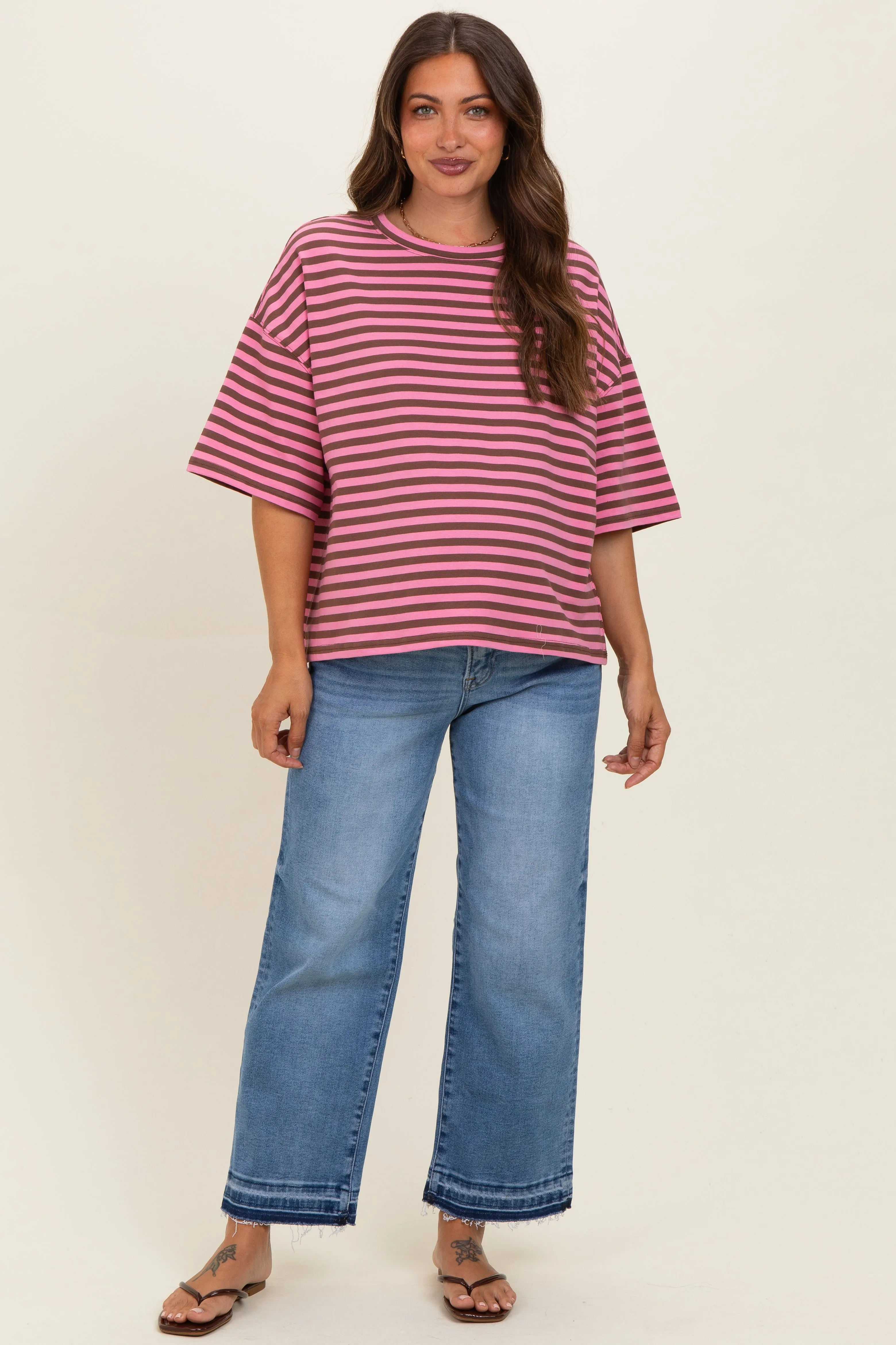 Chocolate Oversized Striped Maternity Boyfriend Tee sold by Pinkblush product image thumbnail 2