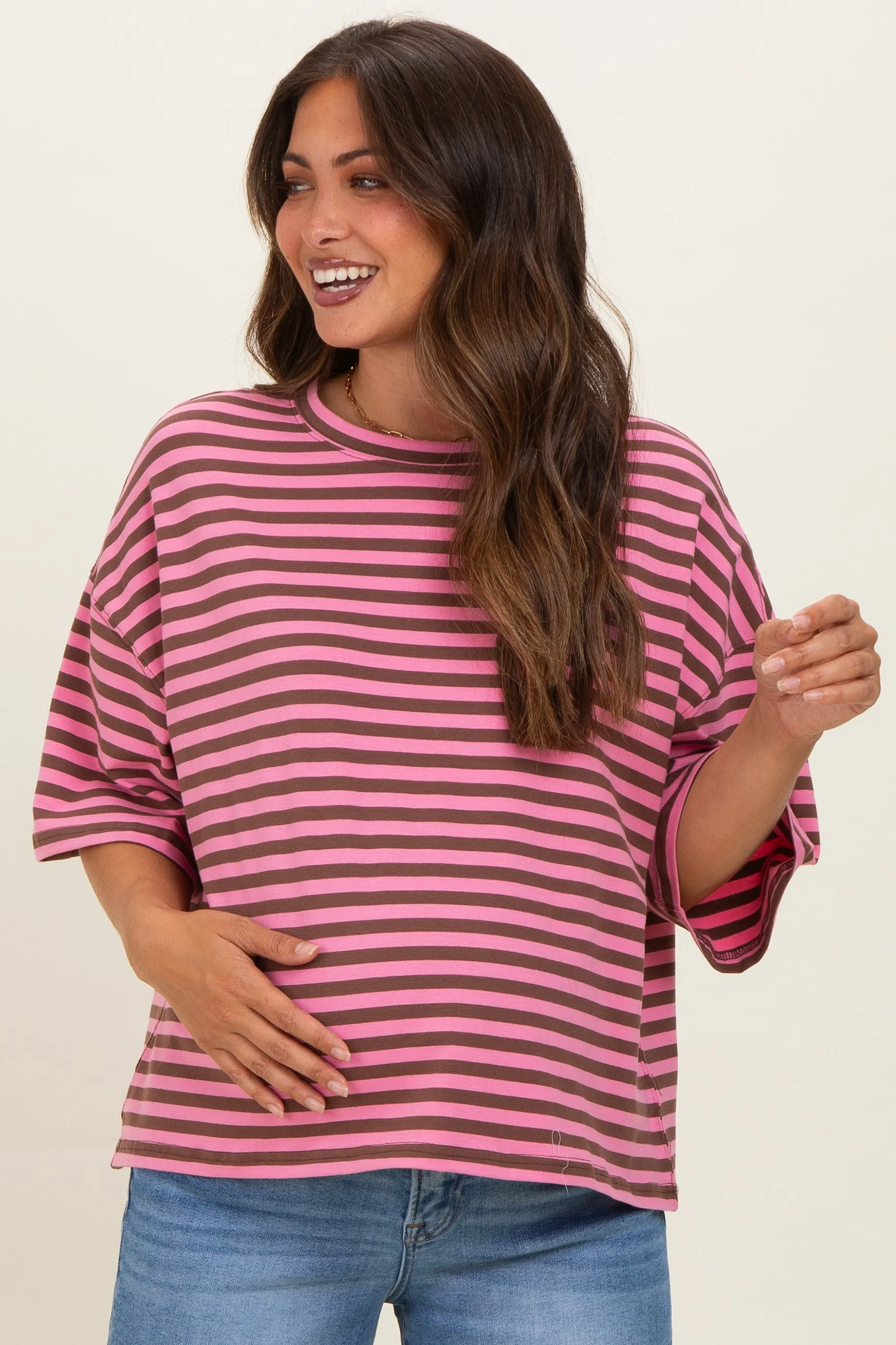 Chocolate Oversized Striped Maternity Boyfriend Tee sold by Pinkblush