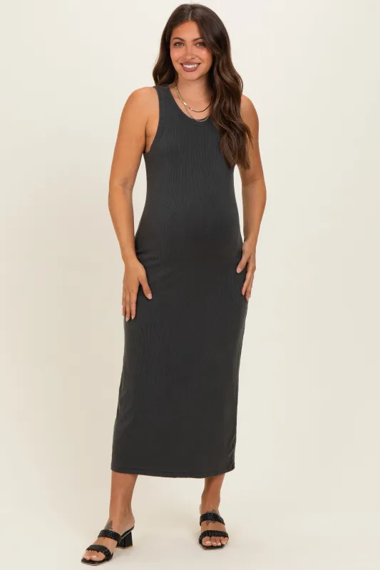 Charcoal Ribbed Maternity Midi Tank Dress made by BE COOL