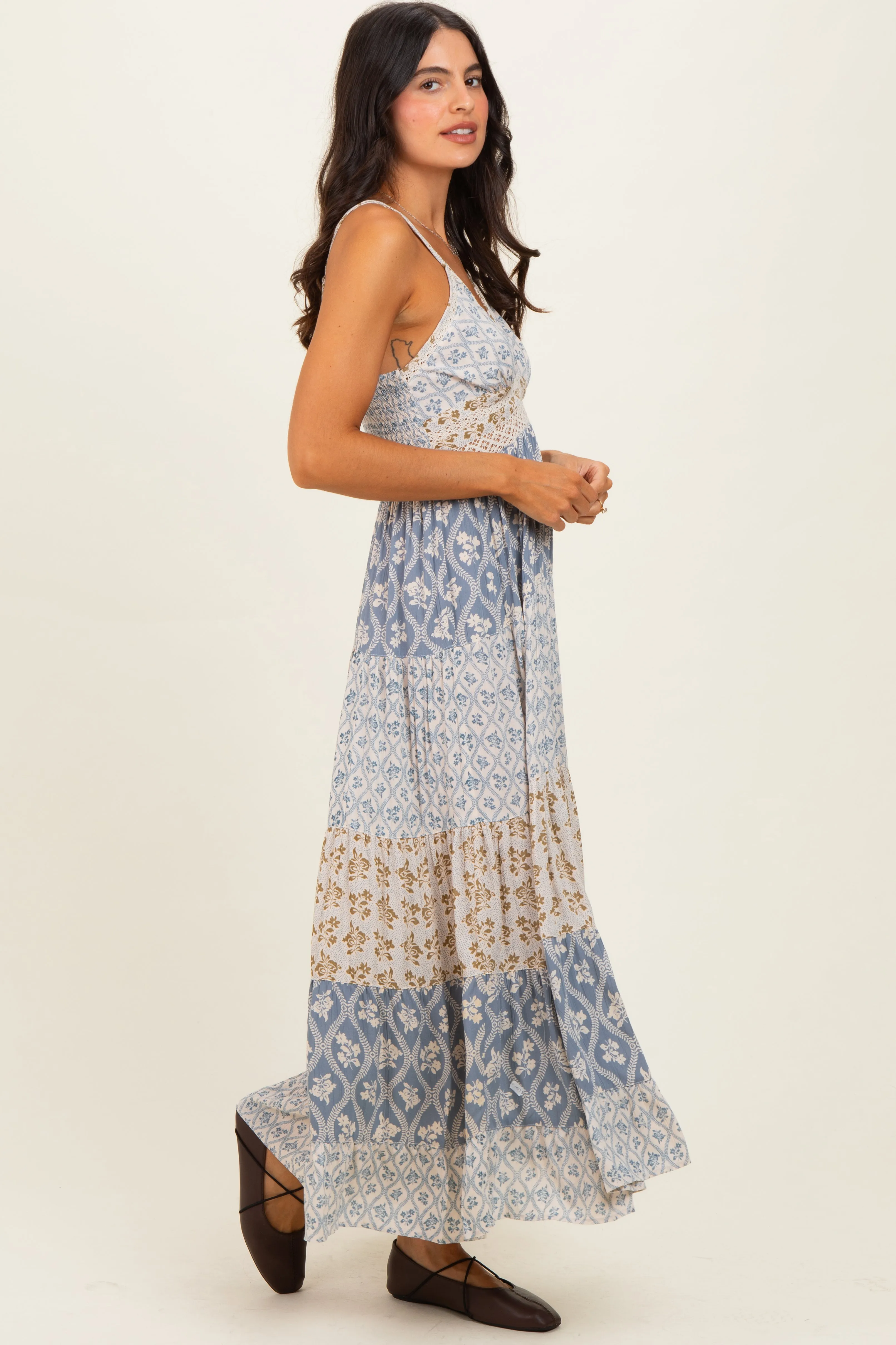 Vintage Blue Mixed Floral Lace Trim Maxi Dress sold by Pinkblush product image thumbnail 2
