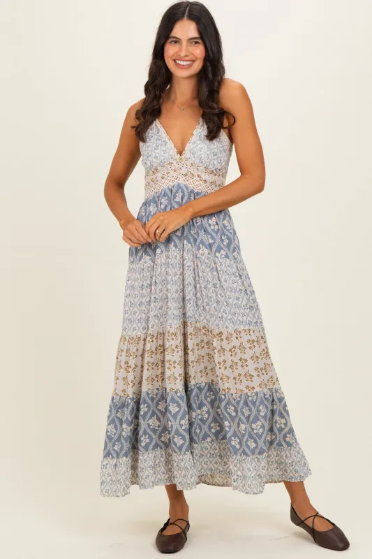 Vintage Blue Mixed Floral Lace Trim Maxi Dress made by Angie