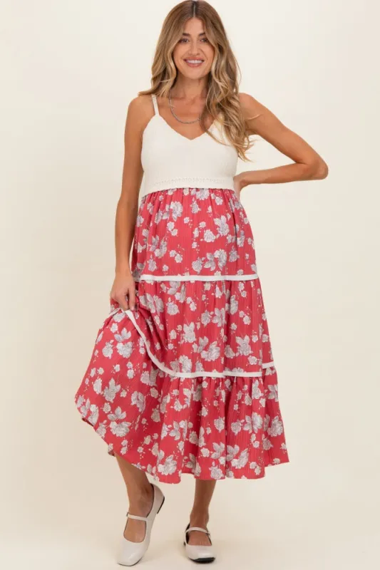 Cherry Red Floral Crochet Knit Top Floral Skirt Maternity Dress made by In February