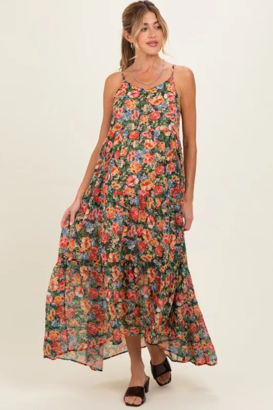 Black Floral Print V-Neck Tiered Maternity Maxi Dress made by Pinkblush