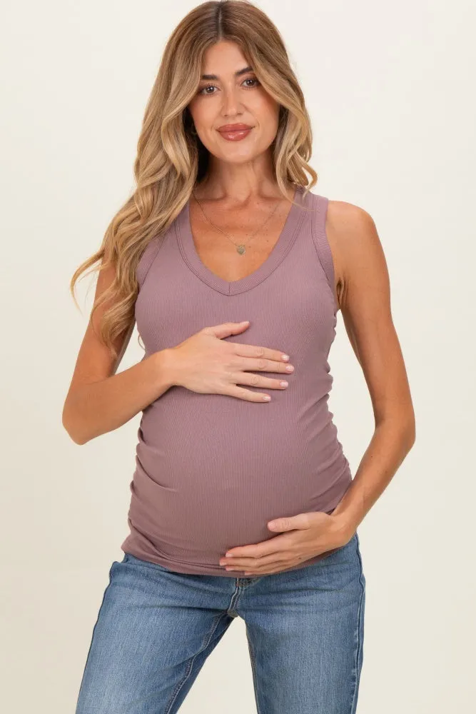 Dark Mauve Ribbed Sleeveless Ruched Maternity Tank Top sold by Pinkblush product image thumbnail 2