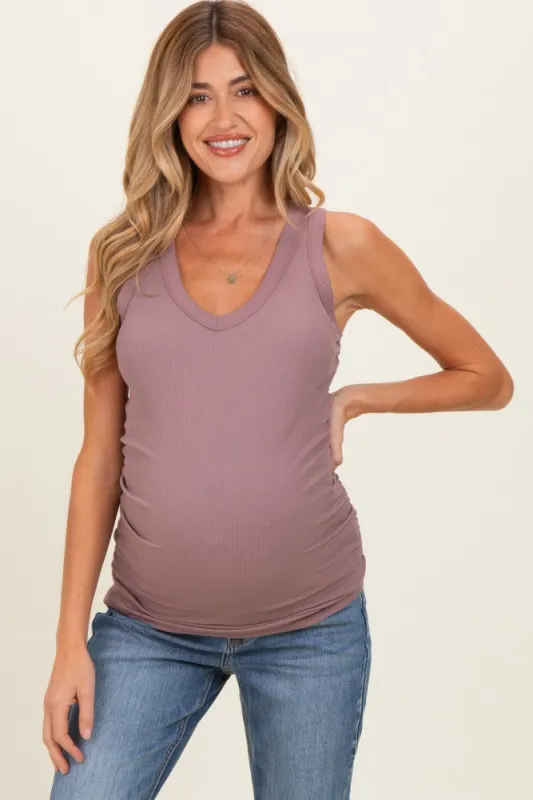 Dark Mauve Ribbed Sleeveless Ruched Maternity Tank Top made by Hello MIZ
