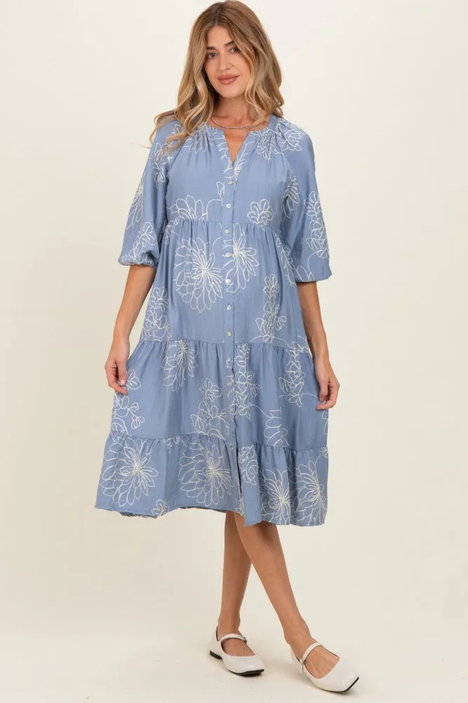 Blue Embroidered Tiered Maternity Midi Shirt Dress sold by Pinkblush product image thumbnail 4