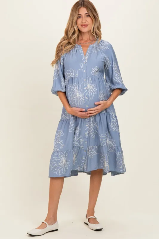 Blue Embroidered Tiered Maternity Midi Shirt Dress made by Pinkblush