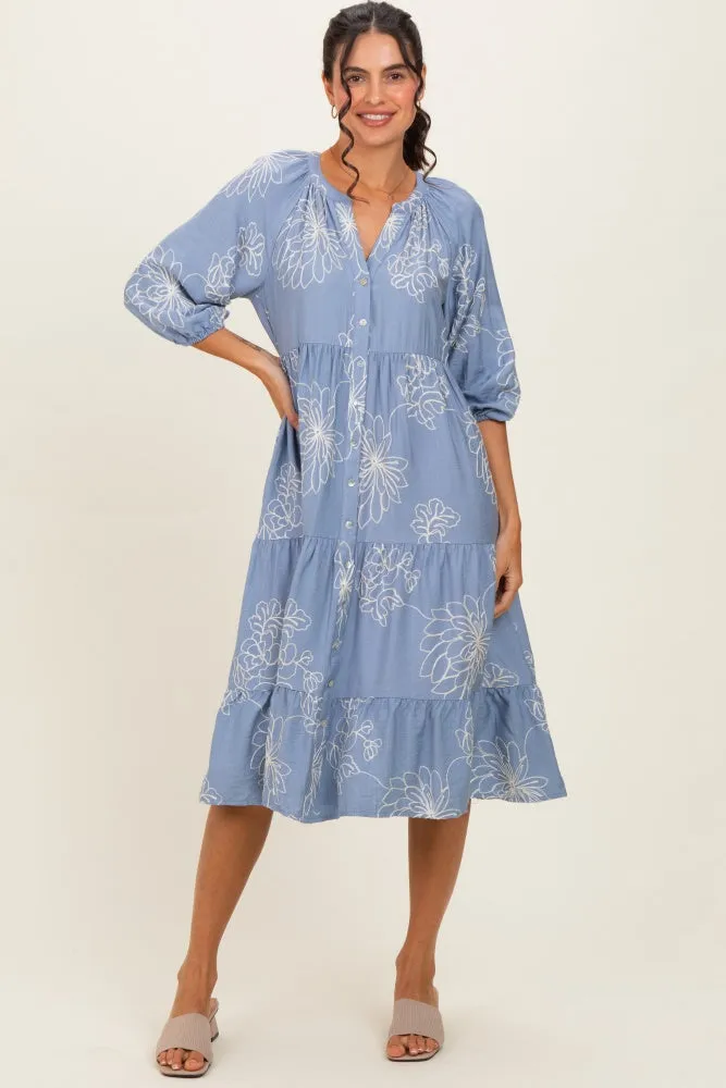 Blue Embroidered Tiered Maternity Midi Shirt Dress sold by Pinkblush product image thumbnail 5