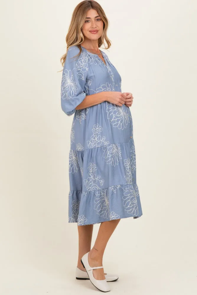 Blue Embroidered Tiered Maternity Midi Shirt Dress sold by Pinkblush product image thumbnail 2