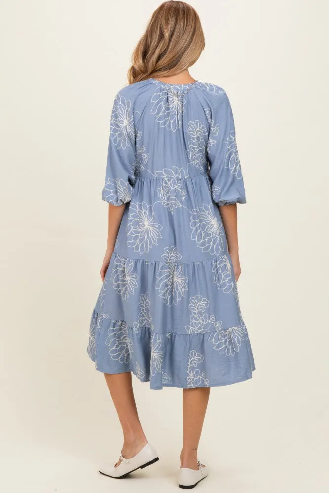 Blue Embroidered Tiered Maternity Midi Shirt Dress sold by Pinkblush product image thumbnail 3