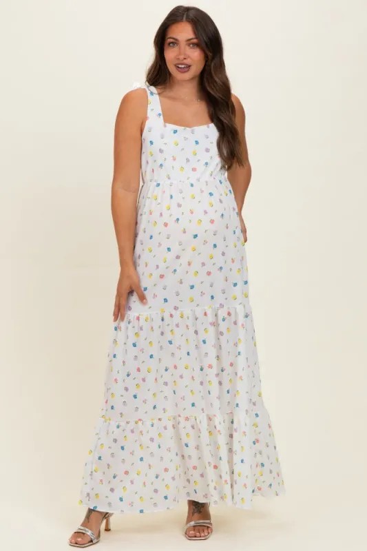 Ivory Floral Tiered Shoulder Tie Maternity Maxi Dress made by Pinkblush