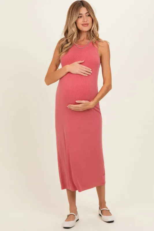 Dusty Rose Ribbed Maternity Midi Tank Dress made by BE COOL