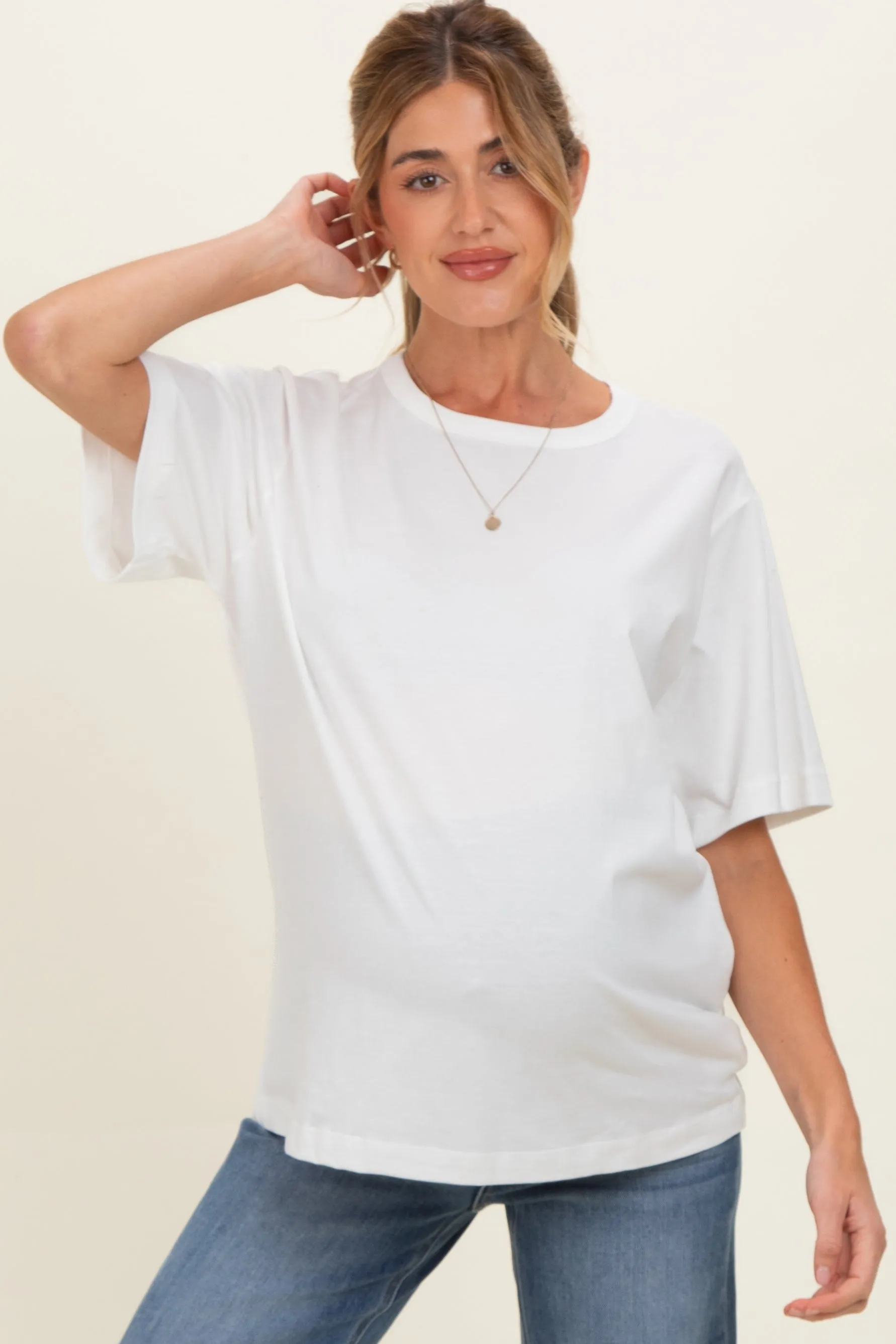 White Oversized Short Sleeve Crew Neck Maternity T-Shirt sold by Pinkblush product image thumbnail 2