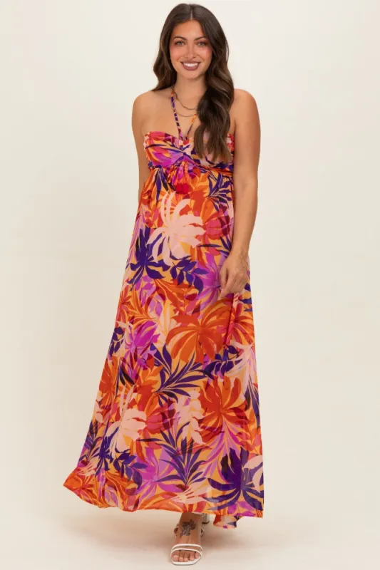 Sunset Tropical Print Halter Maternity Maxi Dress made by Dress Forum