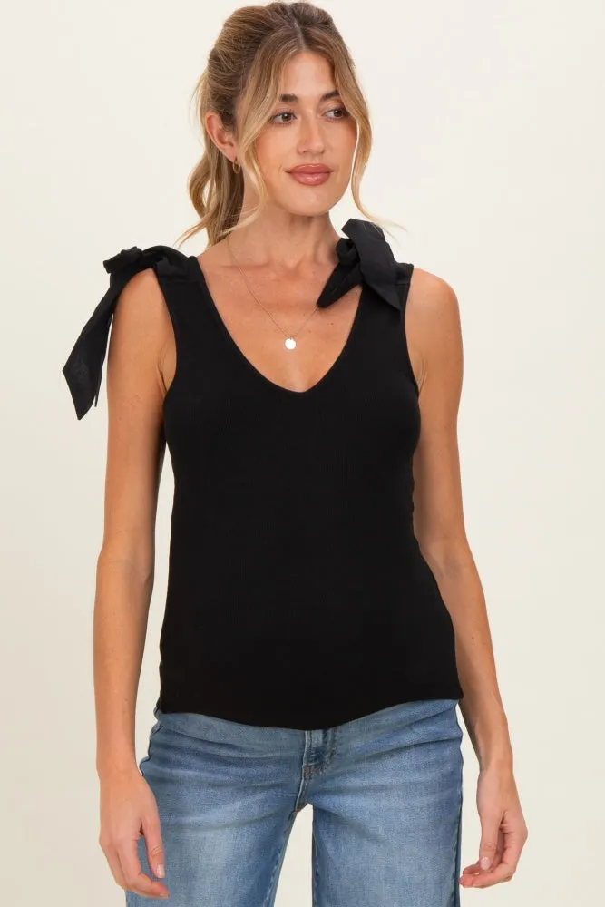 Black Bow Tie Detail Sleeveless V Neck Ribbed Maternity Top sold by Pinkblush product image thumbnail 2