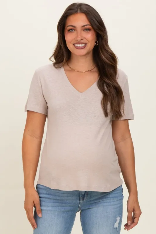 Khaki Linen Blend V-Neck Short Sleeve Maternity T-Shirt made by BE COOL