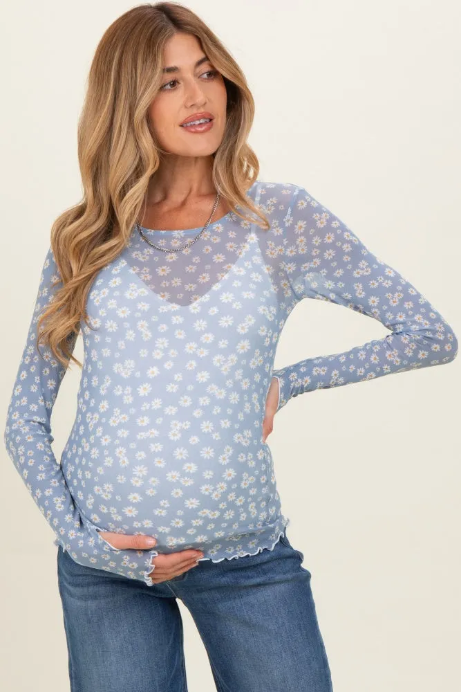 Blue Daisy Print Mesh Long Sleeve Sheer Maternity Top sold by Pinkblush product image thumbnail 3
