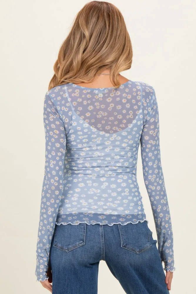 Blue Daisy Print Mesh Long Sleeve Sheer Maternity Top sold by Pinkblush product image thumbnail 4