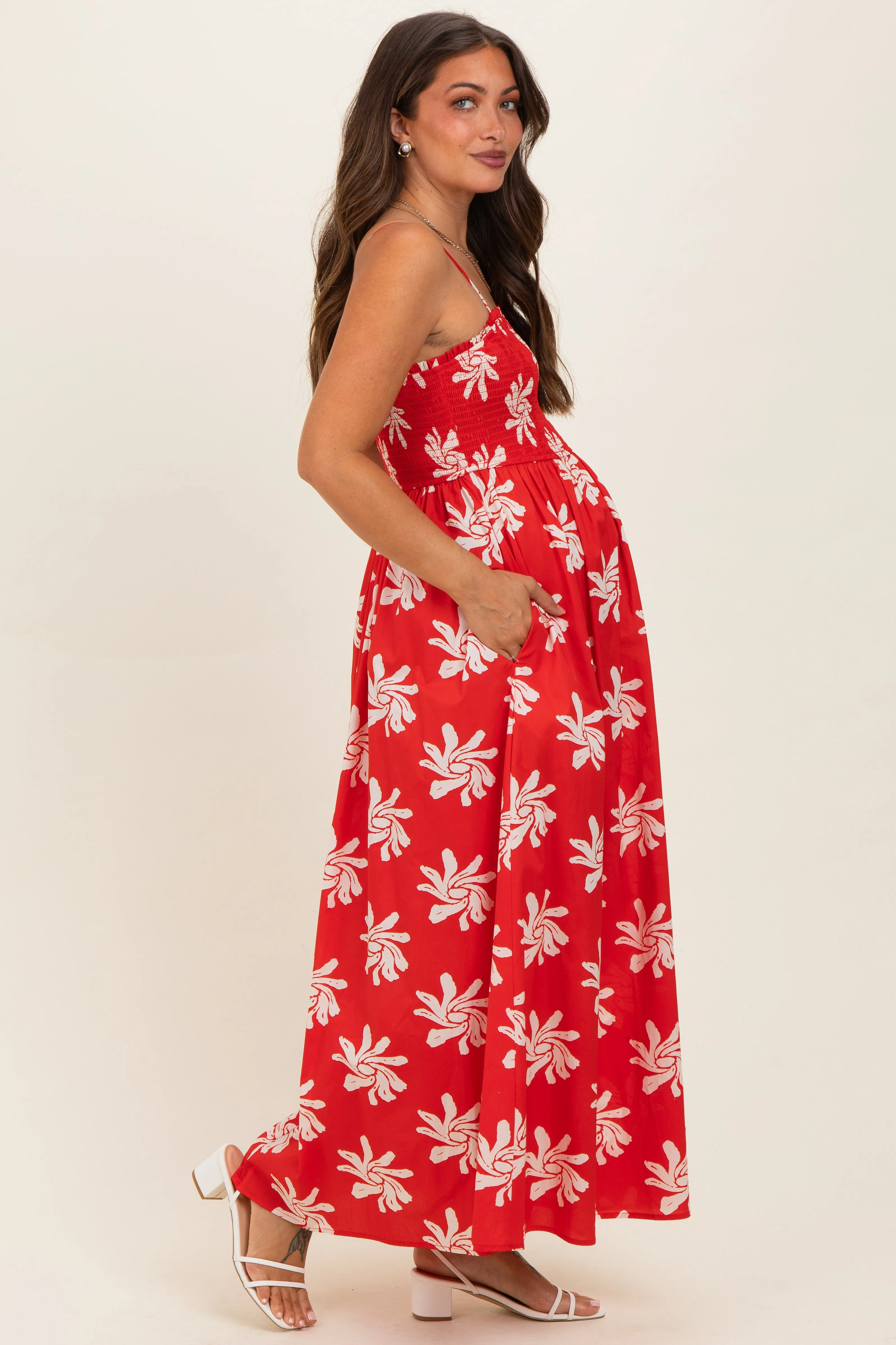 Red Printed Square Neck Smocked Maternity Maxi Dress sold by Pinkblush product image thumbnail 2