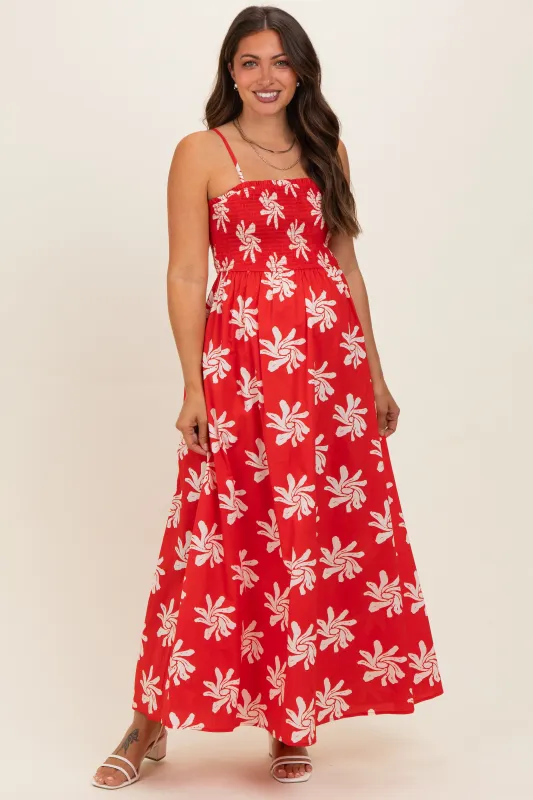 Red Printed Square Neck Smocked Maternity Maxi Dress made by In February