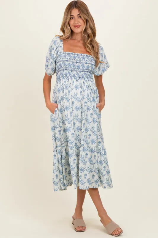 Porcelain Blue Floral Smocked Puff Sleeve Maternity Midi Dress made by Hem & Thread