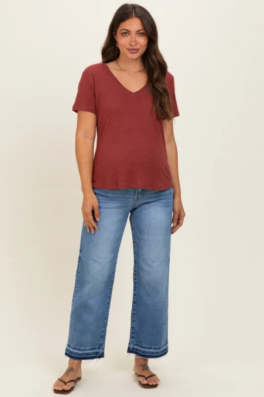 Wine Linen Blend V-Neck Short Sleeve Maternity T-Shirt made by BE COOL