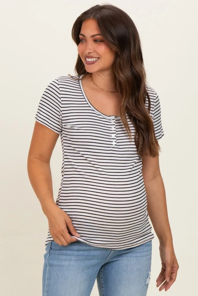 Black Stripe Scoop Neck Henley Maternity Top sold by Pinkblush