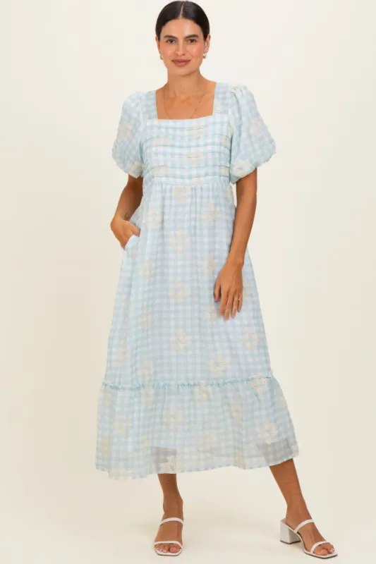 Light Blue Gingham Pleated Square Neck Midi Dress made by Polagram
