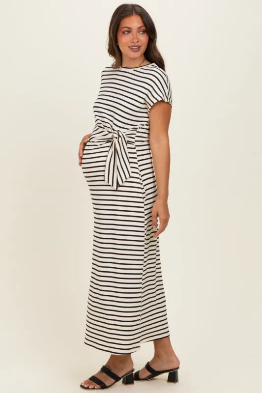 Cream Striped Side Tie Maternity Midi Dress made by entro