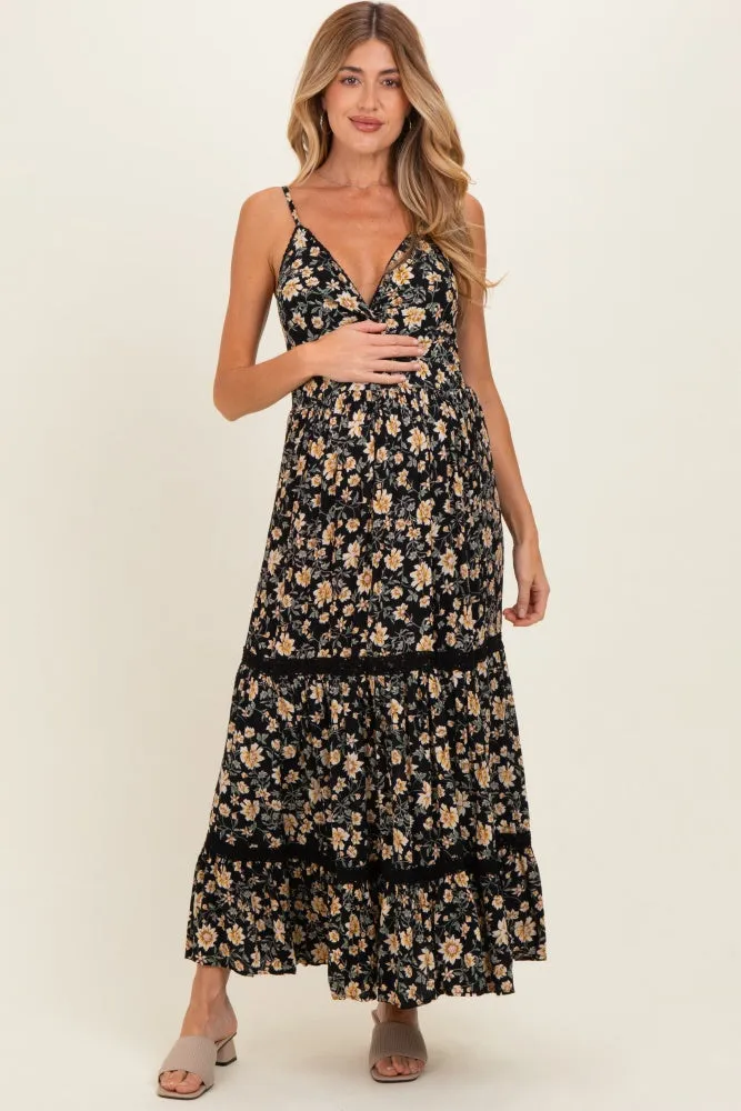 Black Floral Twisted Front Lace Detail Maternity Maxi Dress sold by Pinkblush