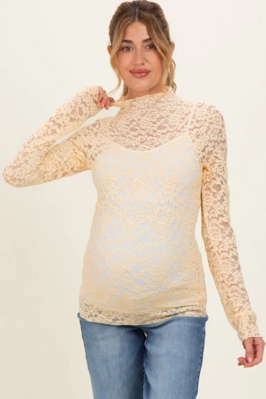 Butter Yellow High Neck Fitted Sheer Lace Maternity Top made by Very J