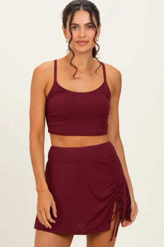 Burgundy Ribbed Crop Tank Swim Skirt Set made by Pinkblush