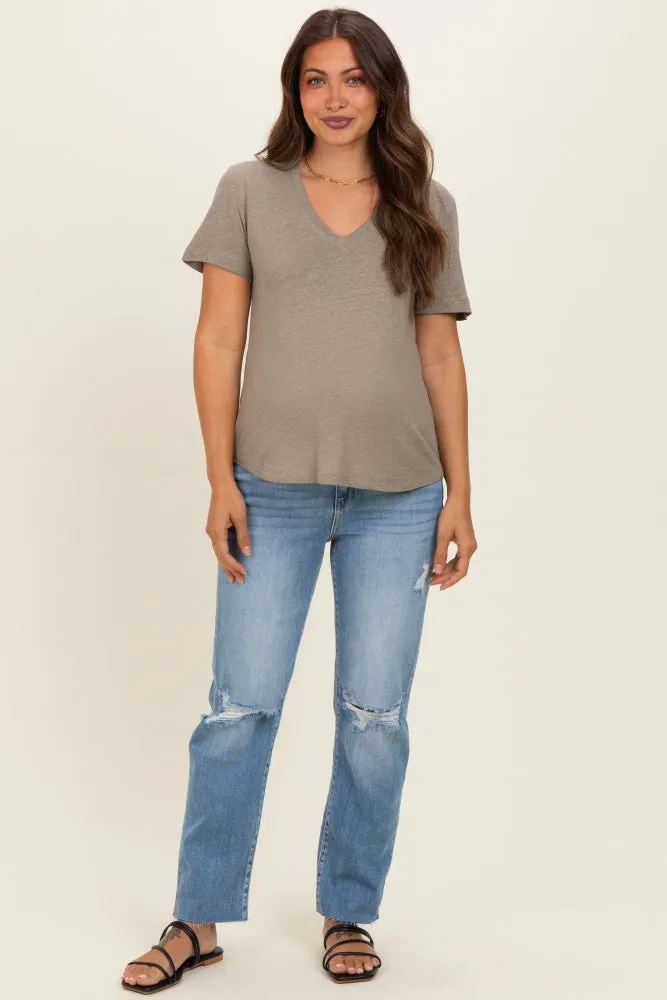 Olive Linen Blend V-Neck Short Sleeve Maternity T-Shirt sold by Pinkblush product image thumbnail 2