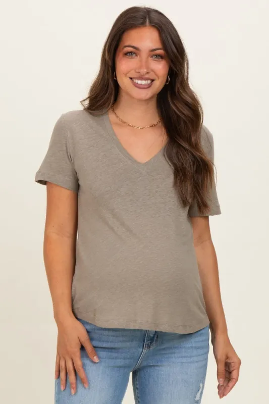 Olive Linen Blend V-Neck Short Sleeve Maternity T-Shirt made by BE COOL