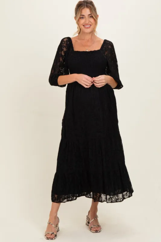 Black Lace Smocked Maternity Midi Dress made by Angie