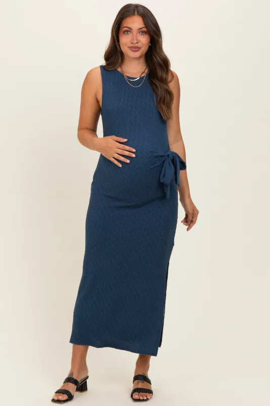 Midnight Jacquard Sleeveless Side Tie Maternity Midi Dress made by Gilli