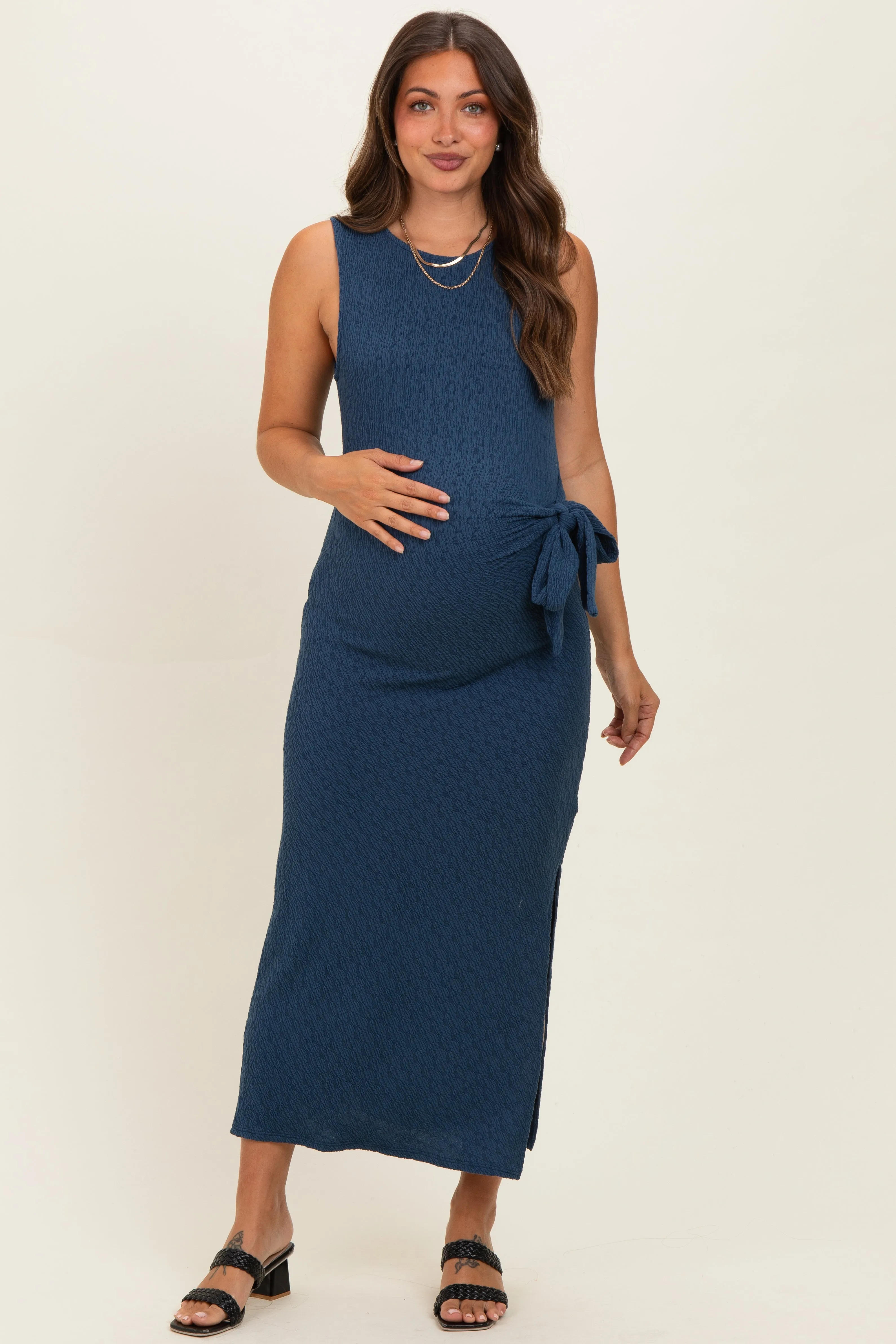 Midnight Jacquard Sleeveless Side Tie Maternity Midi Dress sold by Pinkblush