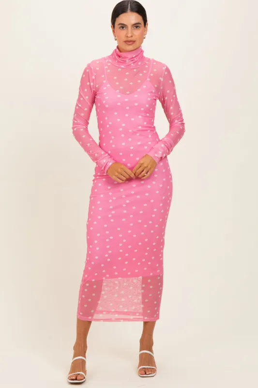 Pink Polka Dot Mesh Overlay Midi Dress made by Pinkblush