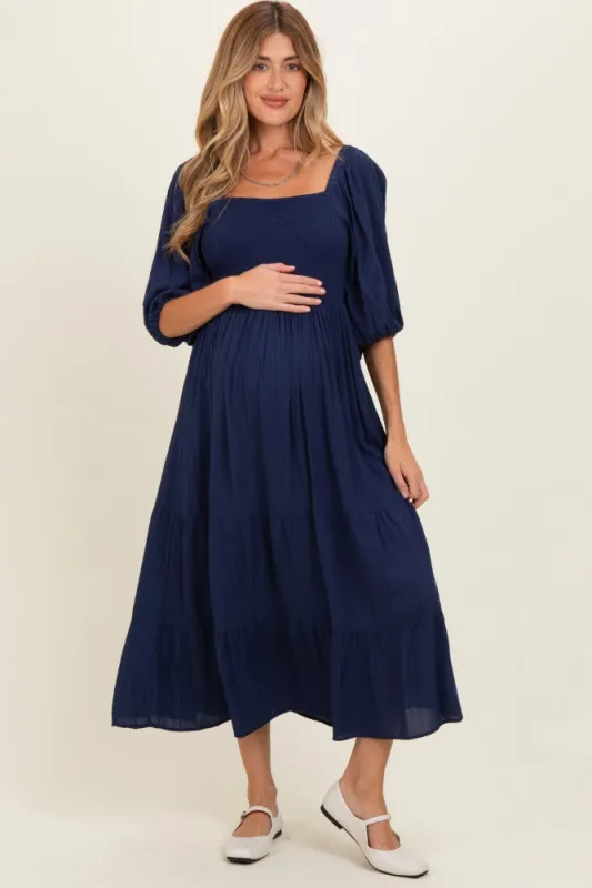 Navy Smocked Puffed Sleeve Maternity Maxi Dress made by Angie