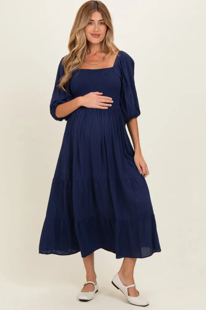 Navy Smocked Puffed Sleeve Maternity Maxi Dress sold by Pinkblush