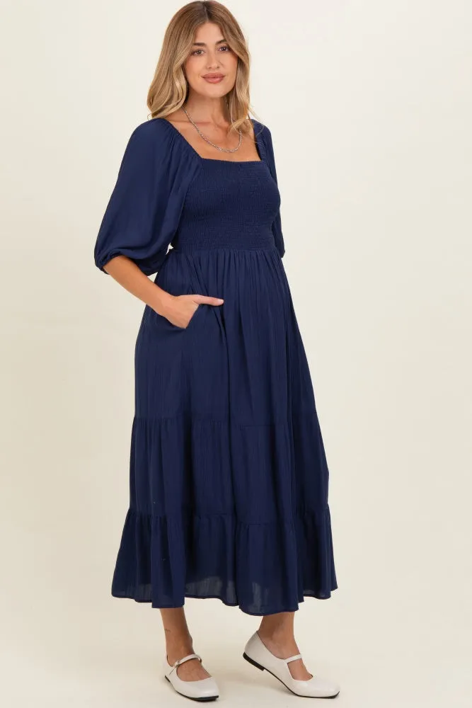 Navy Smocked Puffed Sleeve Maternity Maxi Dress sold by Pinkblush product image thumbnail 2