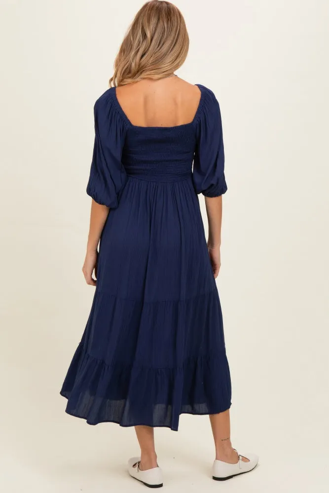 Navy Smocked Puffed Sleeve Maternity Maxi Dress sold by Pinkblush product image thumbnail 3